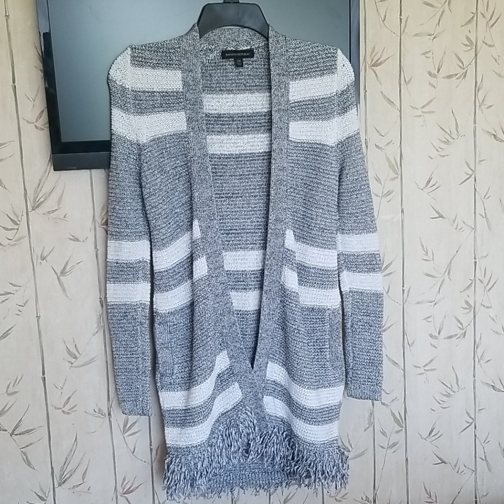 Banana Republic Fringe Hem Striped Cardigan Sweater Womens XS Gray White Open